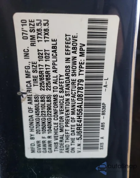 2010 Honda Cr-V Ex from USA, damaged, VIN 5J6RE4H56AL087879